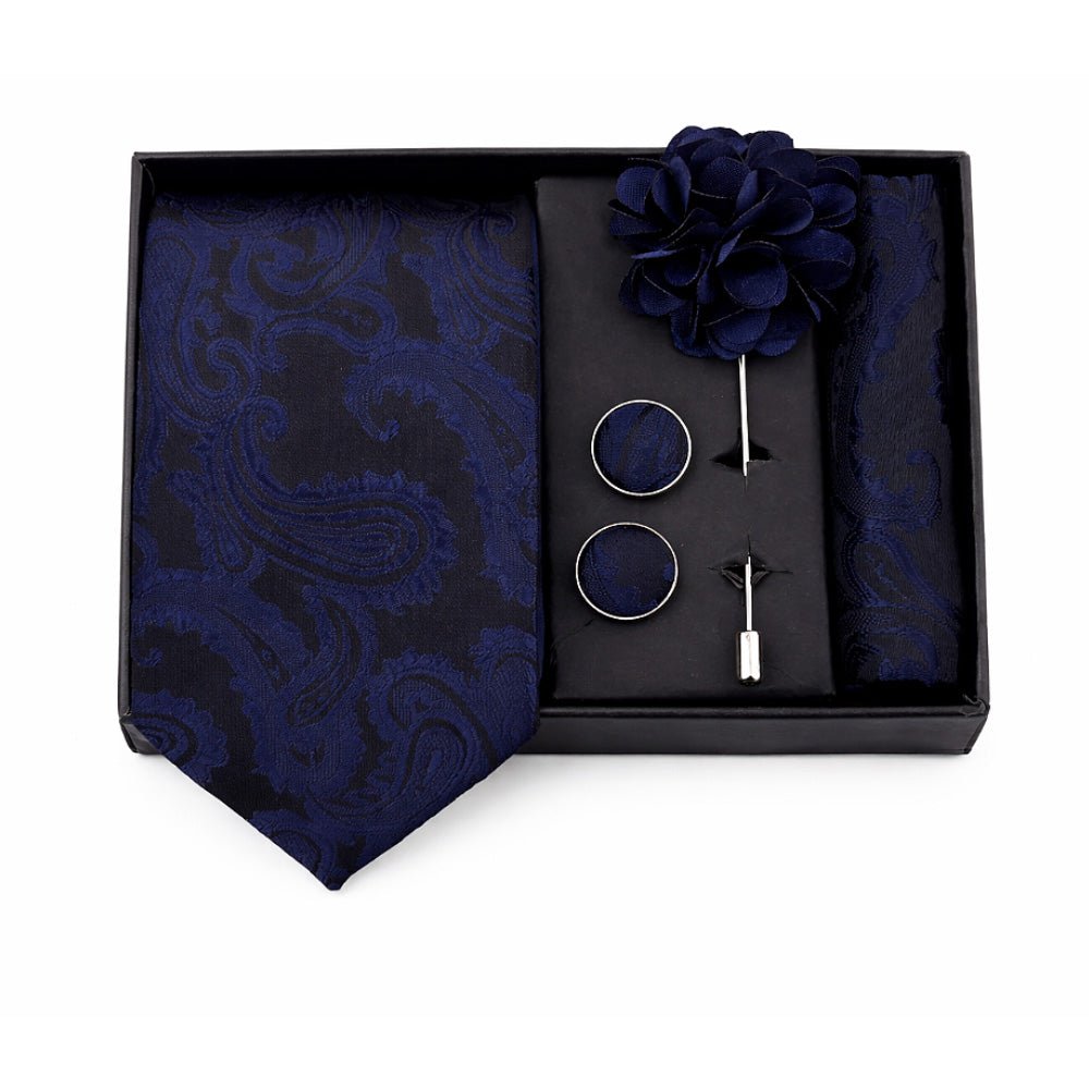 Men's Paisley Tie Set, Navy Blue, Necktie with Pocket Square, Cufflinks and Lapel Pin, Gift Box