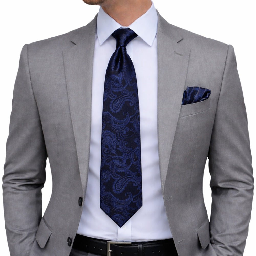 Men's Paisley Tie Set, Navy Blue, Necktie with Pocket Square, Cufflinks and Lapel Pin, Gift Box
