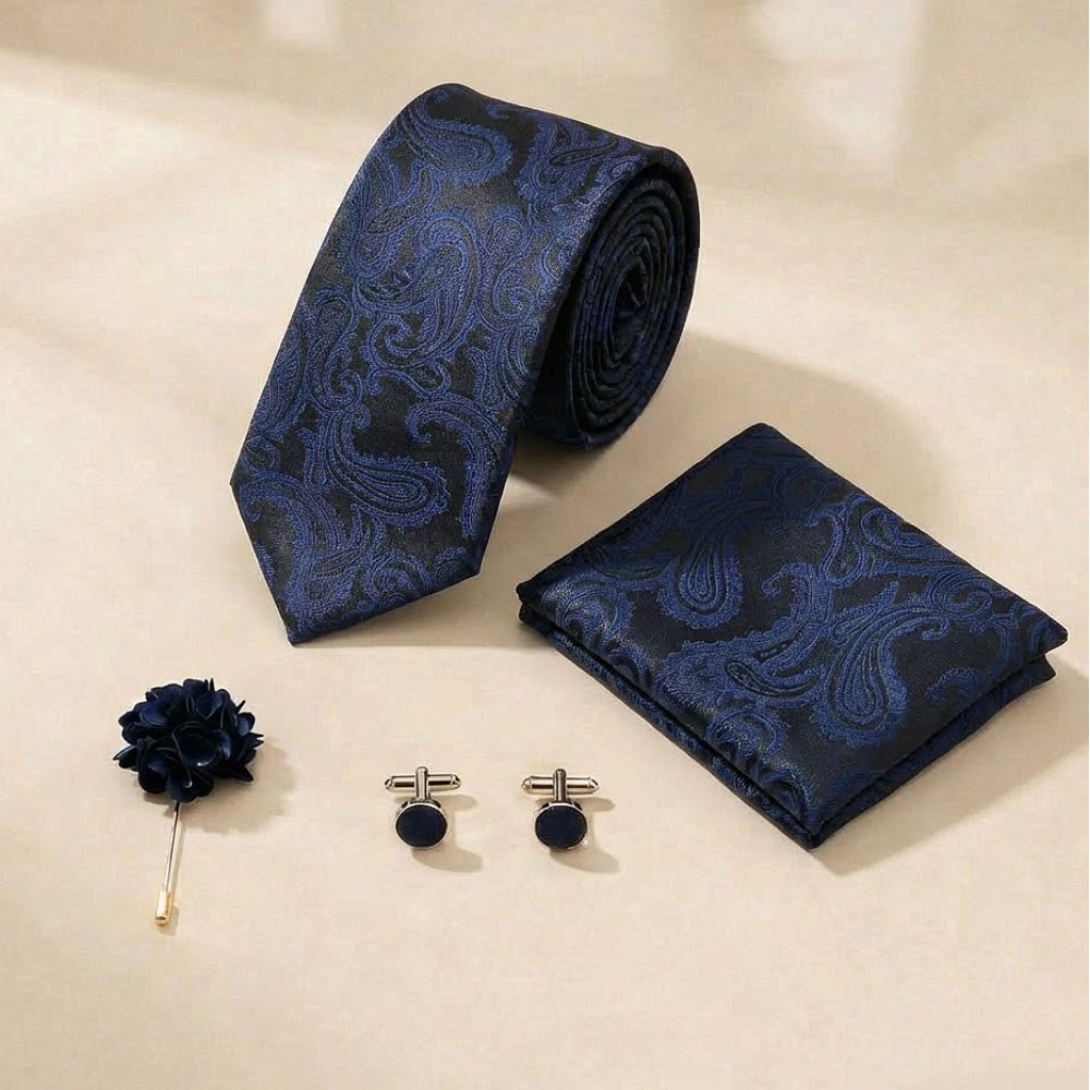 Men's Paisley Tie Set, Navy Blue, Necktie with Pocket Square, Cufflinks and Lapel Pin, Gift Box - Lucas Lia