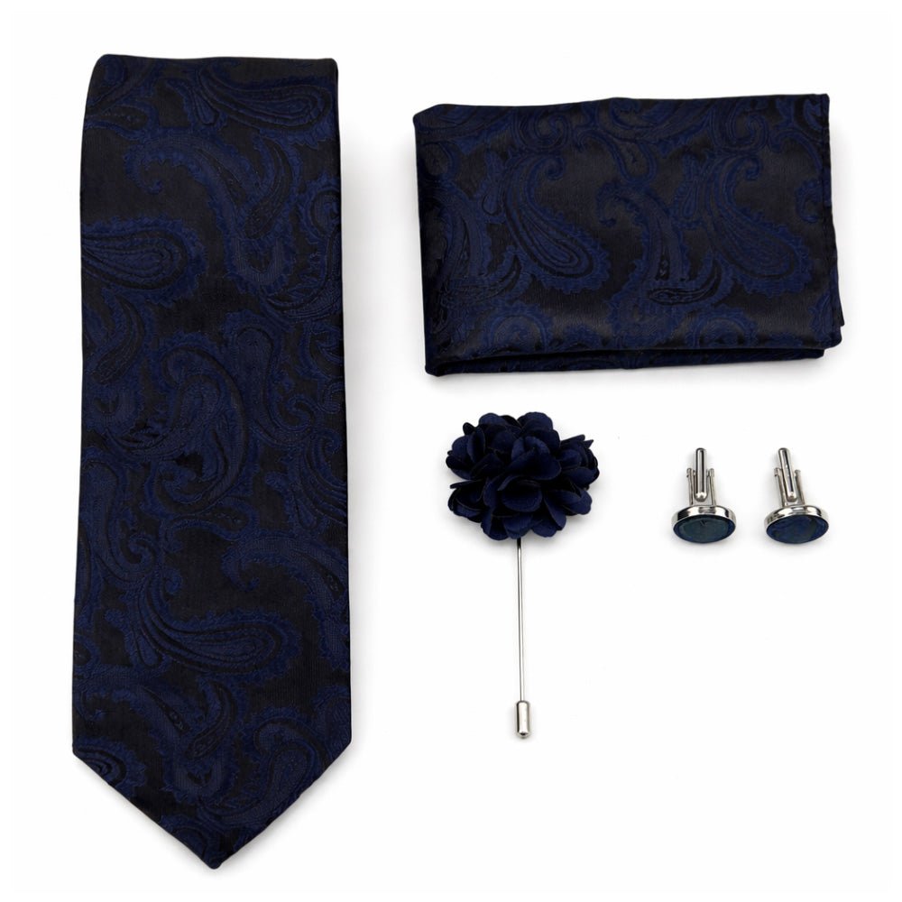 Men's Paisley Tie Set, Navy Blue, Necktie with Pocket Square, Cufflinks and Lapel Pin, Gift Box