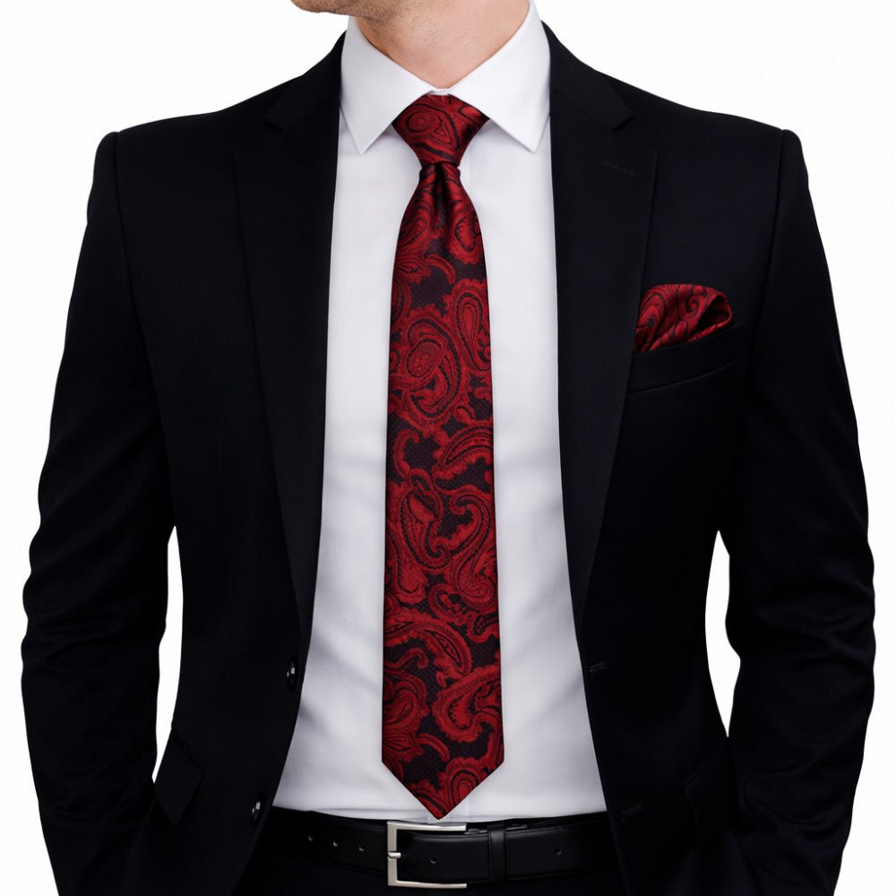 Men's Paisley Tie Set, Red, Necktie with Pocket Square, Cufflinks and Lapel Pin, Gift Box