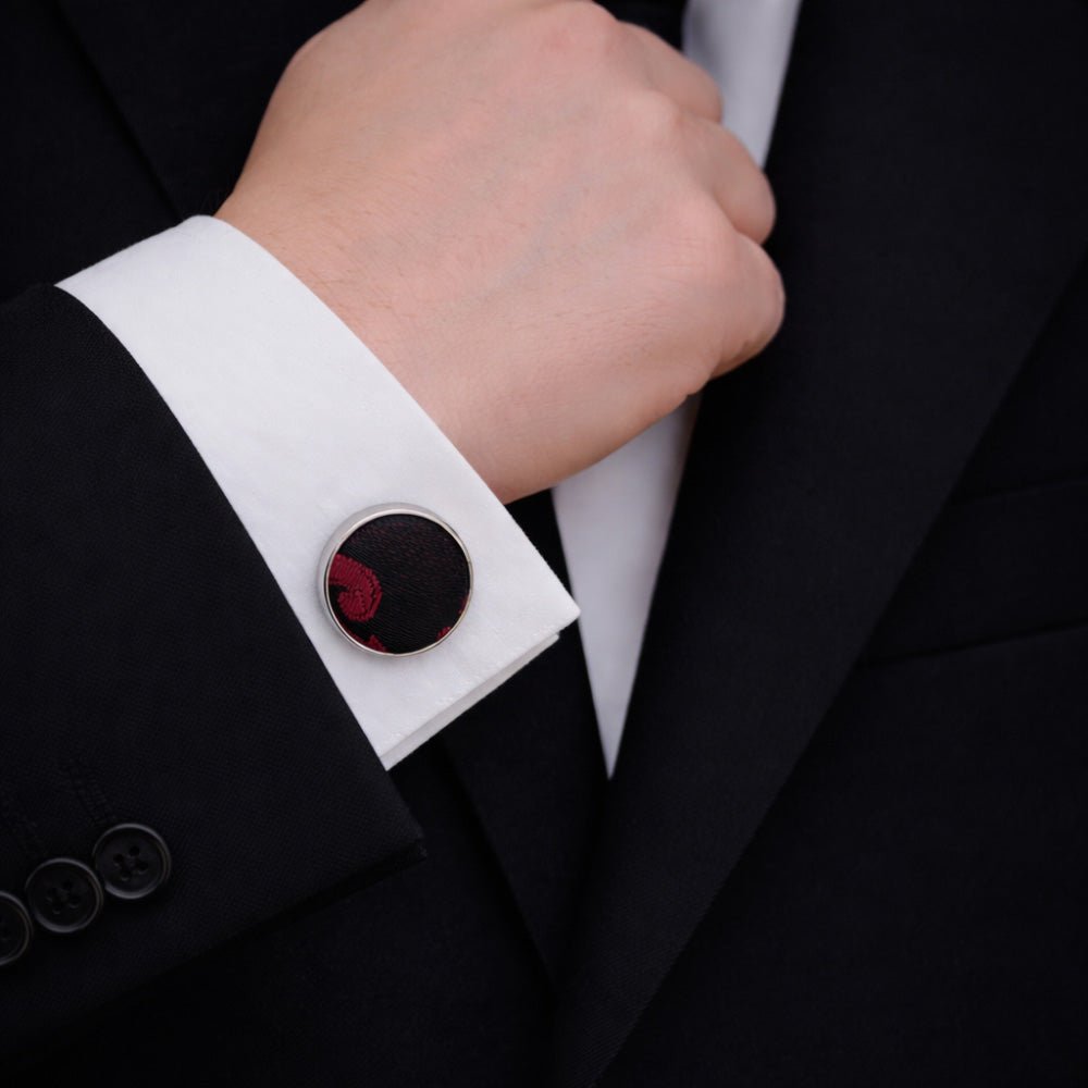 Men's Paisley Tie Set, Red, Necktie with Pocket Square, Cufflinks and Lapel Pin, Gift Box