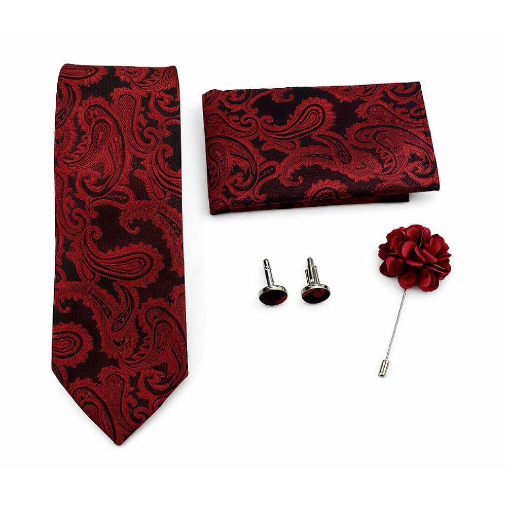Men's Paisley Tie Set, Red, Necktie with Pocket Square, Cufflinks and Lapel Pin, Gift Box