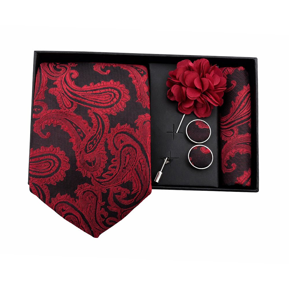 Men's Paisley Tie Set, Red, Necktie with Pocket Square, Cufflinks and Lapel Pin, Gift Box