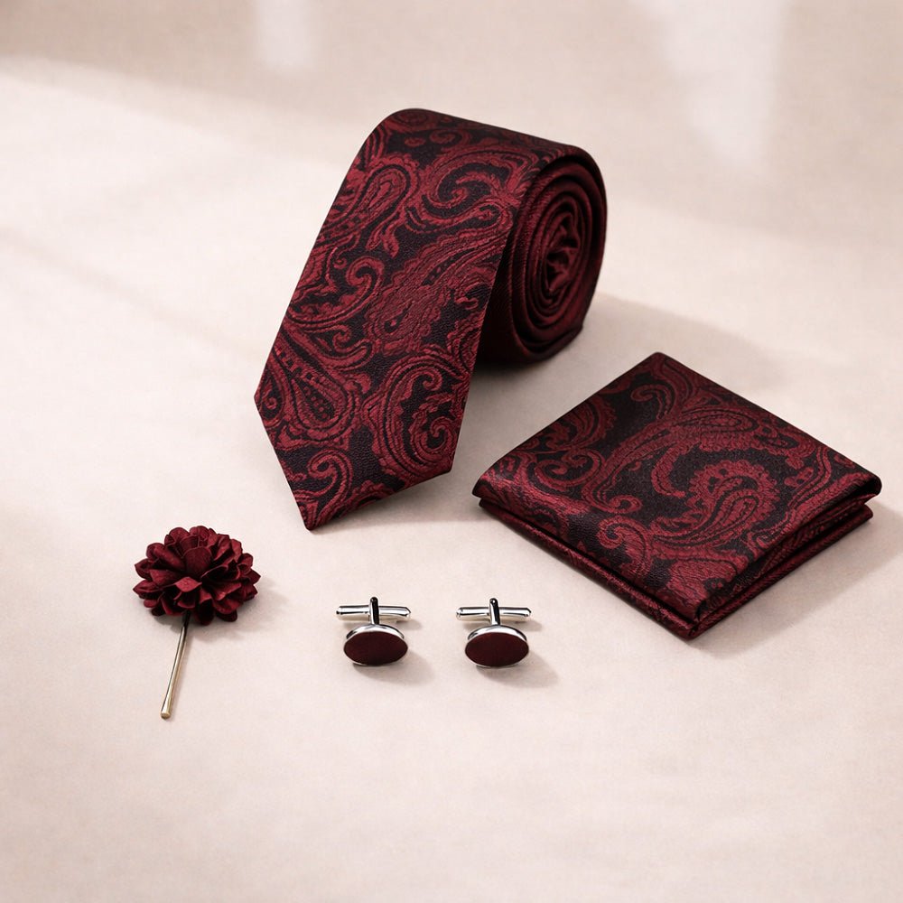 Men's Paisley Tie Set, Red, Necktie with Pocket Square, Cufflinks and Lapel Pin, Gift Box - Lucas Lia