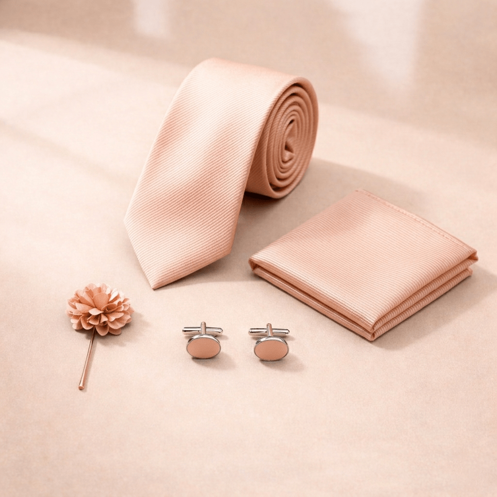 Men's Peach Tie Set with Pocket Square, Cufflinks, and Lapel Pin, Formal Gift Box - Lucas Lia