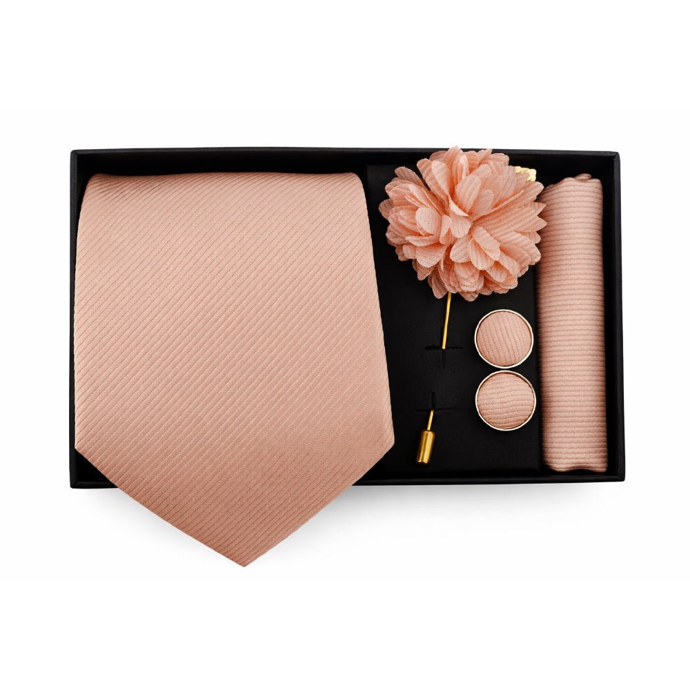 Men's Peach Tie Set with Pocket Square, Cufflinks, and Lapel Pin, Formal Gift Box