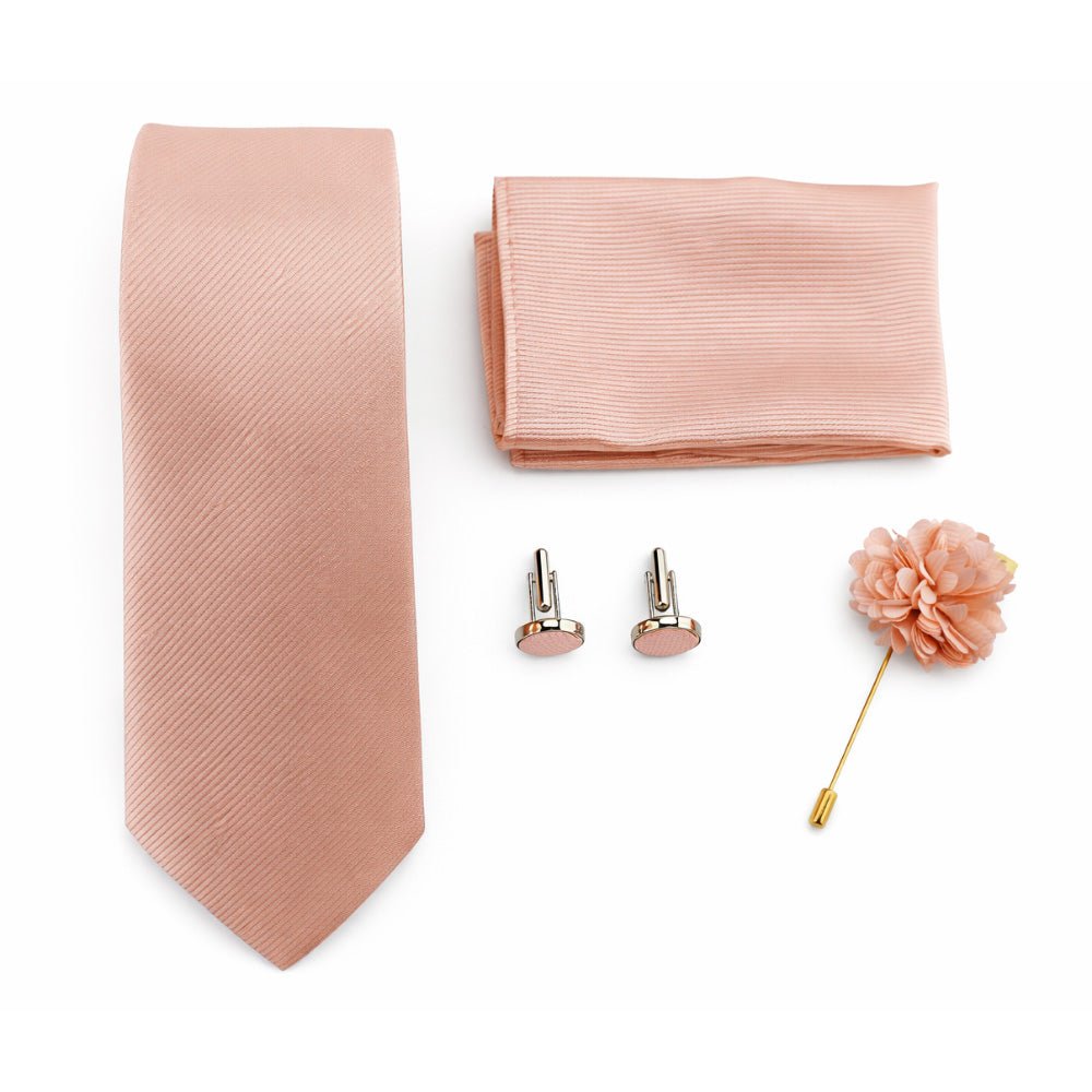 Men's Peach Tie Set with Pocket Square, Cufflinks, and Lapel Pin, Formal Gift Box