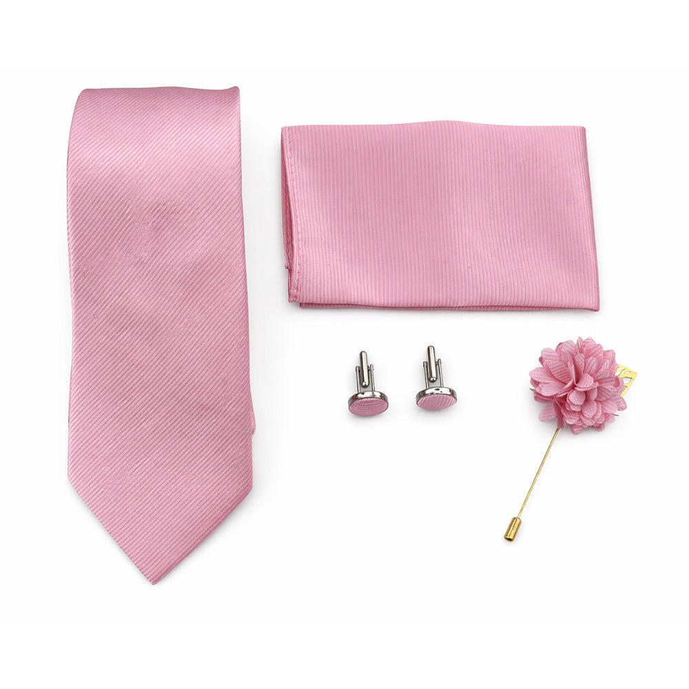 Men's Pink Tie Set with Pocket Square, Cufflinks, and Lapel Pin, Formal Gift Box