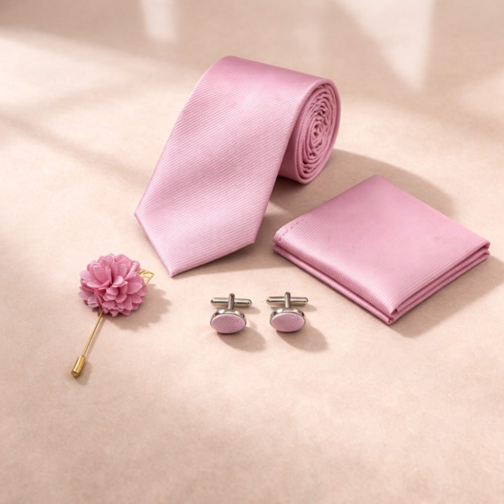Men's Pink Tie Set with Pocket Square, Cufflinks, and Lapel Pin, Formal Gift Box - Lucas Lia