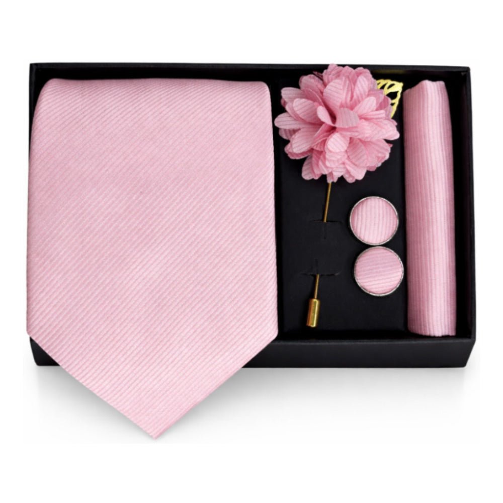 Men's Pink Tie Set with Pocket Square, Cufflinks, and Lapel Pin, Formal Gift Box