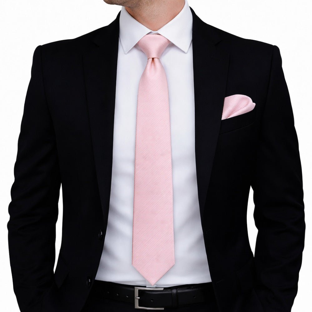Men's Pink Tie Set with Pocket Square, Cufflinks, and Lapel Pin, Formal Gift Box