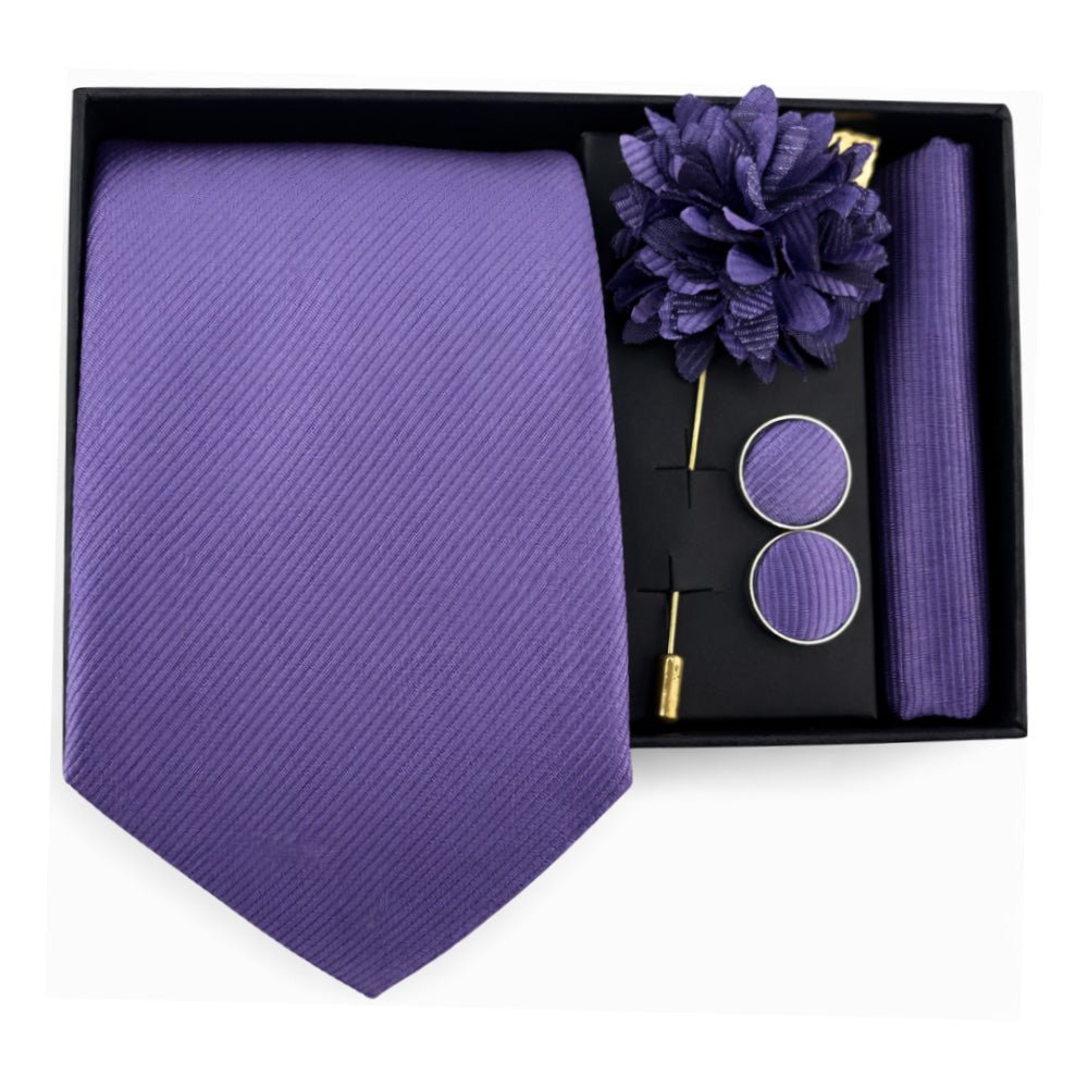 Men's Purple Tie Set with Pocket Square, Cufflinks, and Lapel Pin, Formal Gift Box