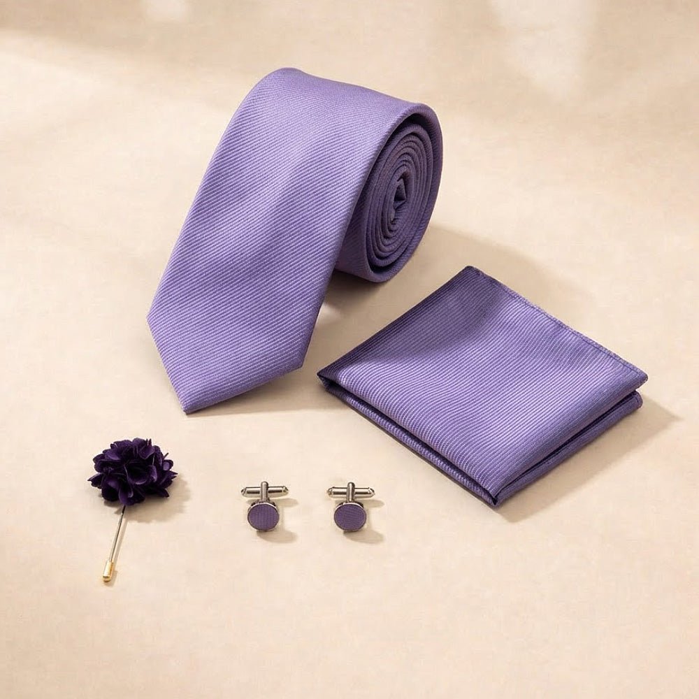 Men's Purple Tie Set with Pocket Square, Cufflinks, and Lapel Pin, Formal Gift Box - Lucas Lia