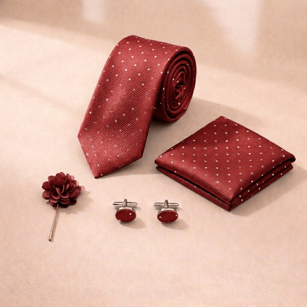 Men's Red Polka Dot Tie Set with Pocket Square, Cufflinks, and Lapel Pin, Gift Box Included - Lucas Lia