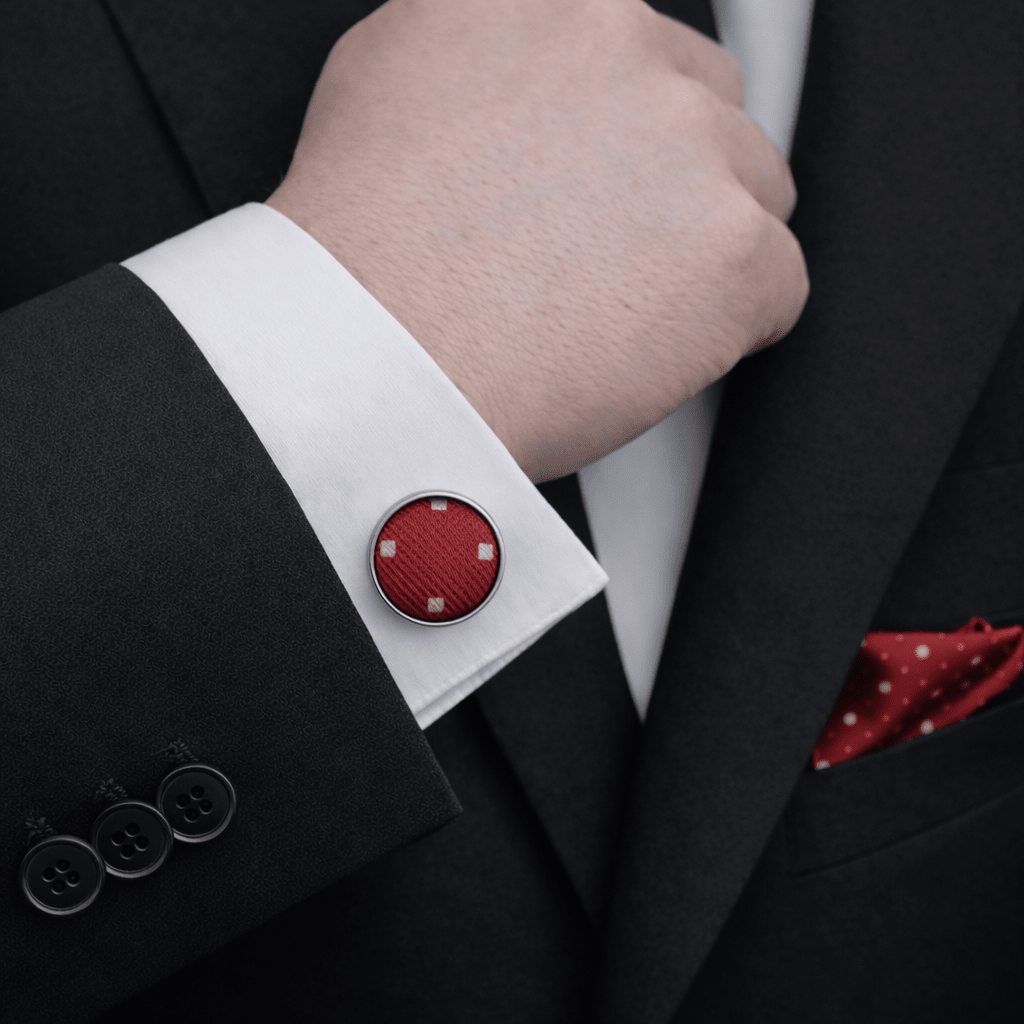 Men's Red Polka Dot Tie Set with Pocket Square, Cufflinks, and Lapel Pin, Gift Box Included