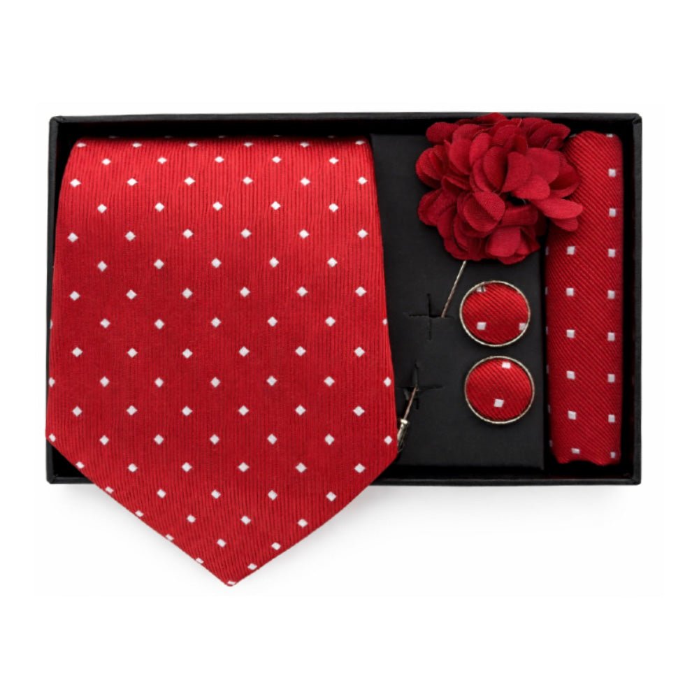 Men's Red Polka Dot Tie Set with Pocket Square, Cufflinks, and Lapel Pin, Gift Box Included