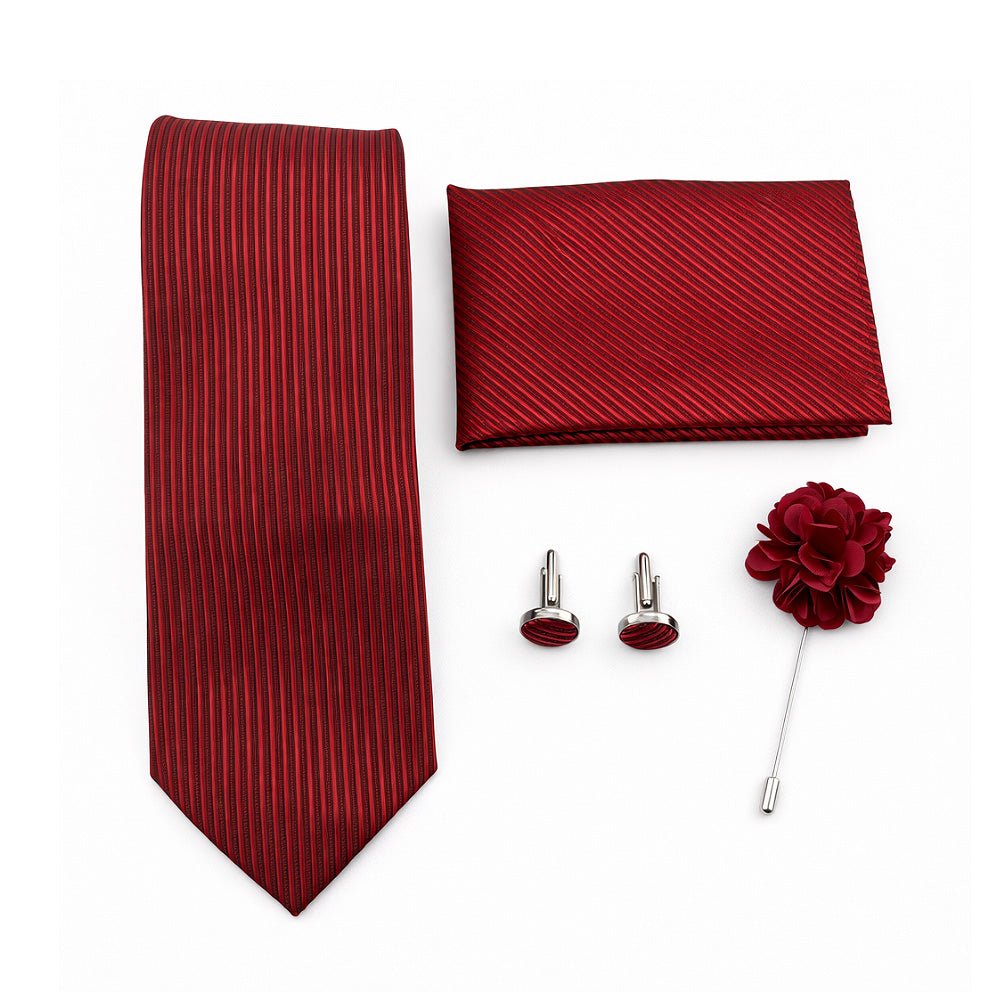 Men's Red Striped Necktie Set, Polyester Silk Blend, Formal Style, with Pocket Square, Cufflinks and Lapel Pin, Gift Box Included