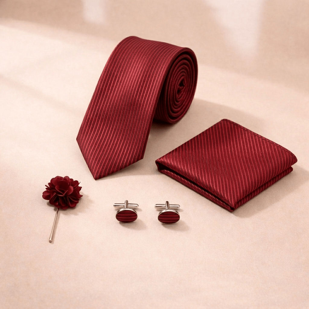 Men's Red Striped Necktie Set, Polyester Silk Blend, Formal Style, with Pocket Square, Cufflinks and Lapel Pin, Gift Box Included - Lucas Lia
