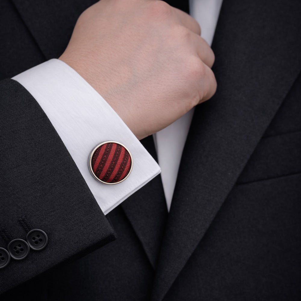 Men's Red Striped Necktie Set, Polyester Silk Blend, Formal Style, with Pocket Square, Cufflinks and Lapel Pin, Gift Box Included
