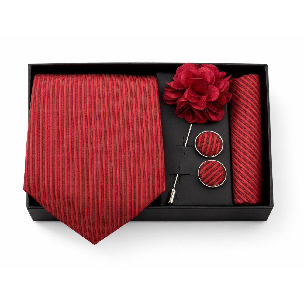 Men's Red Striped Necktie Set, Polyester Silk Blend, Formal Style, with Pocket Square, Cufflinks and Lapel Pin, Gift Box Included