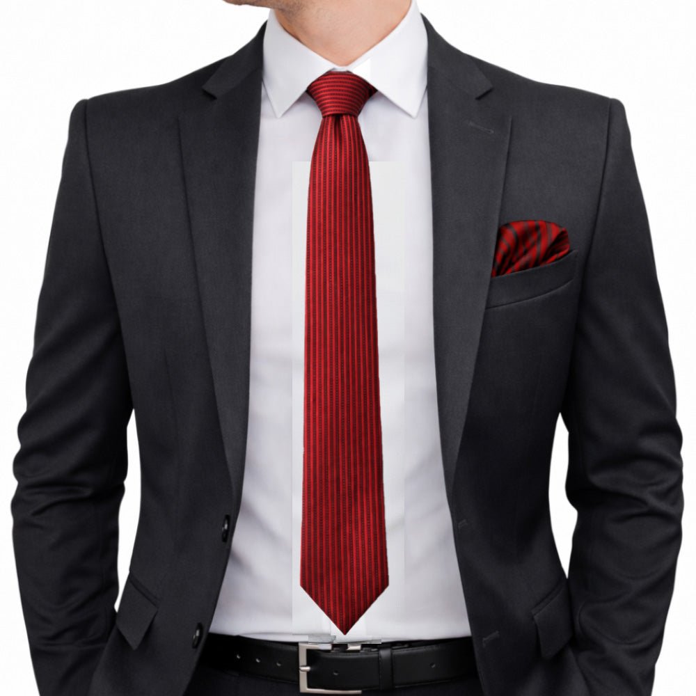 Men's Red Striped Necktie Set, Polyester Silk Blend, Formal Style, with Pocket Square, Cufflinks and Lapel Pin, Gift Box Included