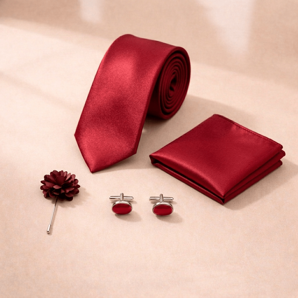 Men's Red Tie Set with Pocket Square, Cufflinks, and Floral Lapel Pin, Formal Gift Box - Lucas Lia