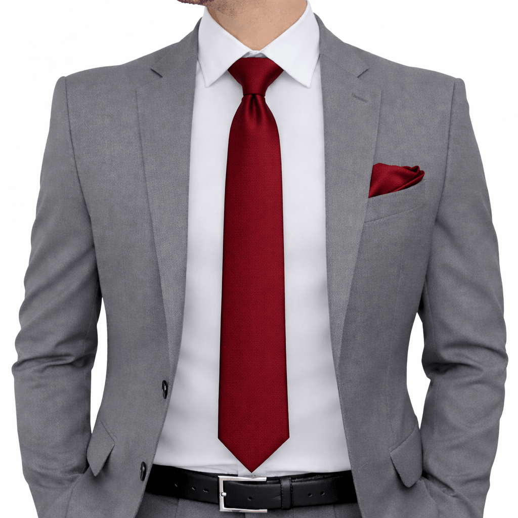 Men's Red Tie Set with Pocket Square, Cufflinks, and Floral Lapel Pin, Formal Gift Box