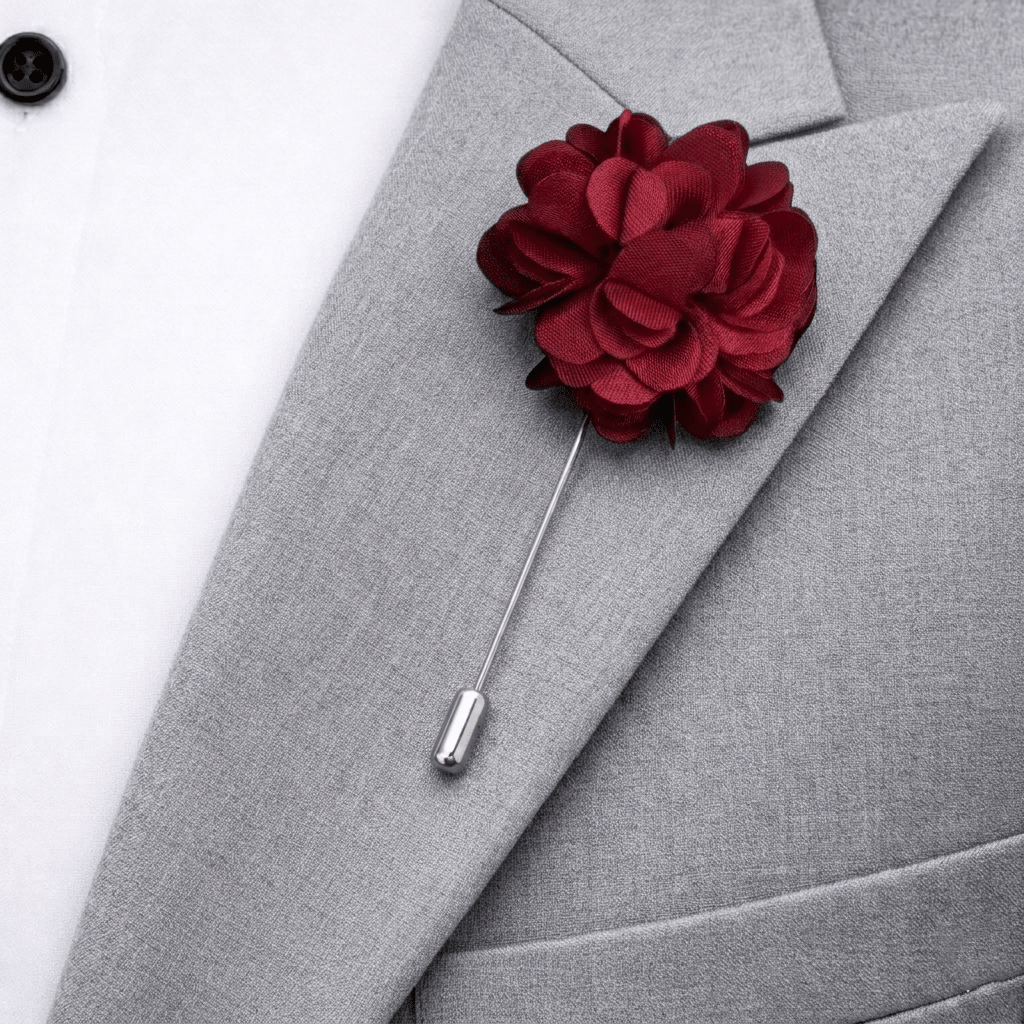 Men's Red Tie Set with Pocket Square, Cufflinks, and Floral Lapel Pin, Formal Gift Box