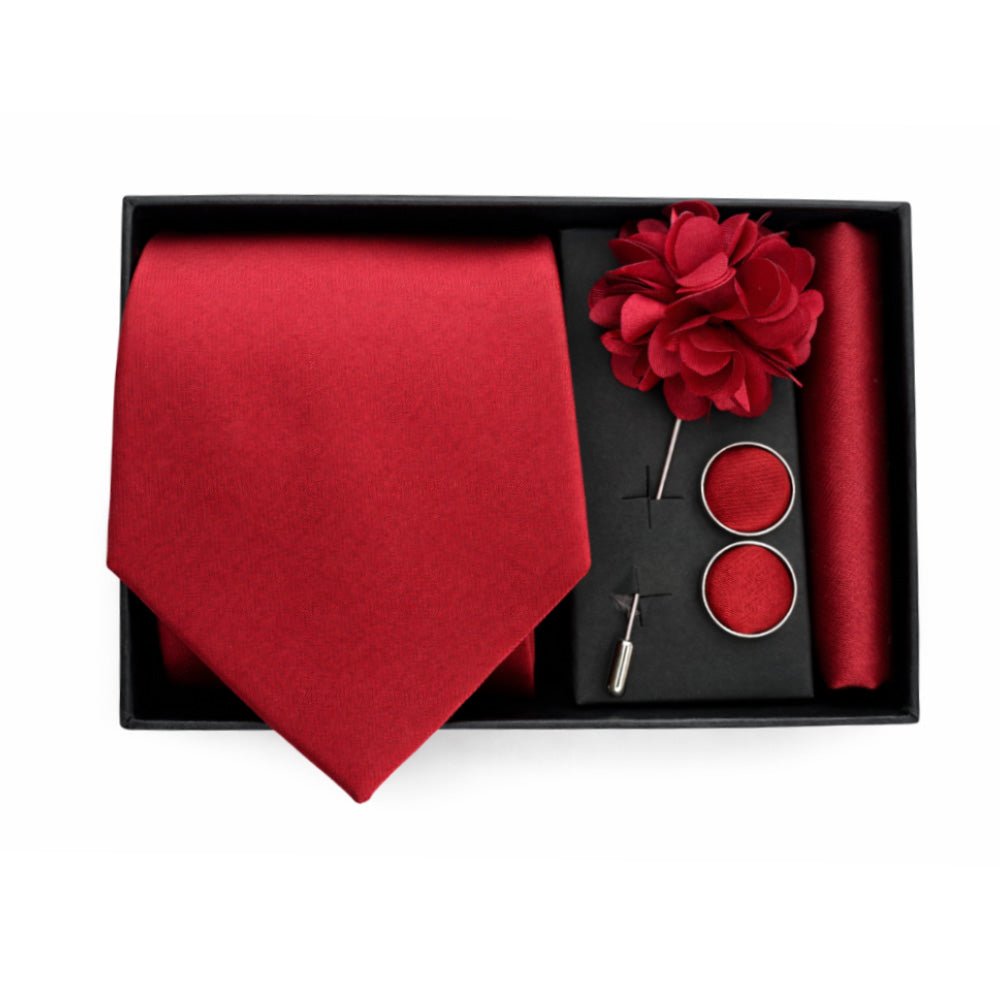 Men's Red Tie Set with Pocket Square, Cufflinks, and Floral Lapel Pin, Formal Gift Box