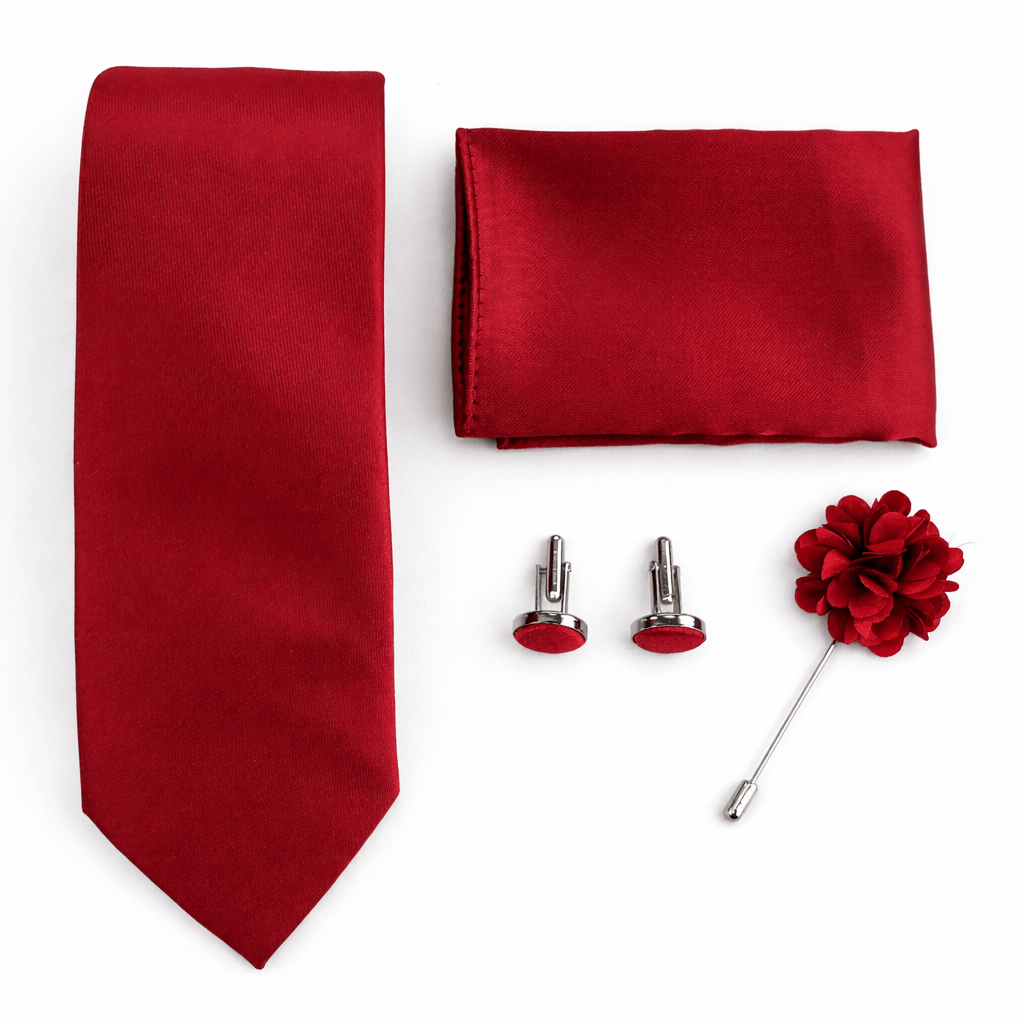 Men's Red Tie Set with Pocket Square, Cufflinks, and Floral Lapel Pin, Formal Gift Box