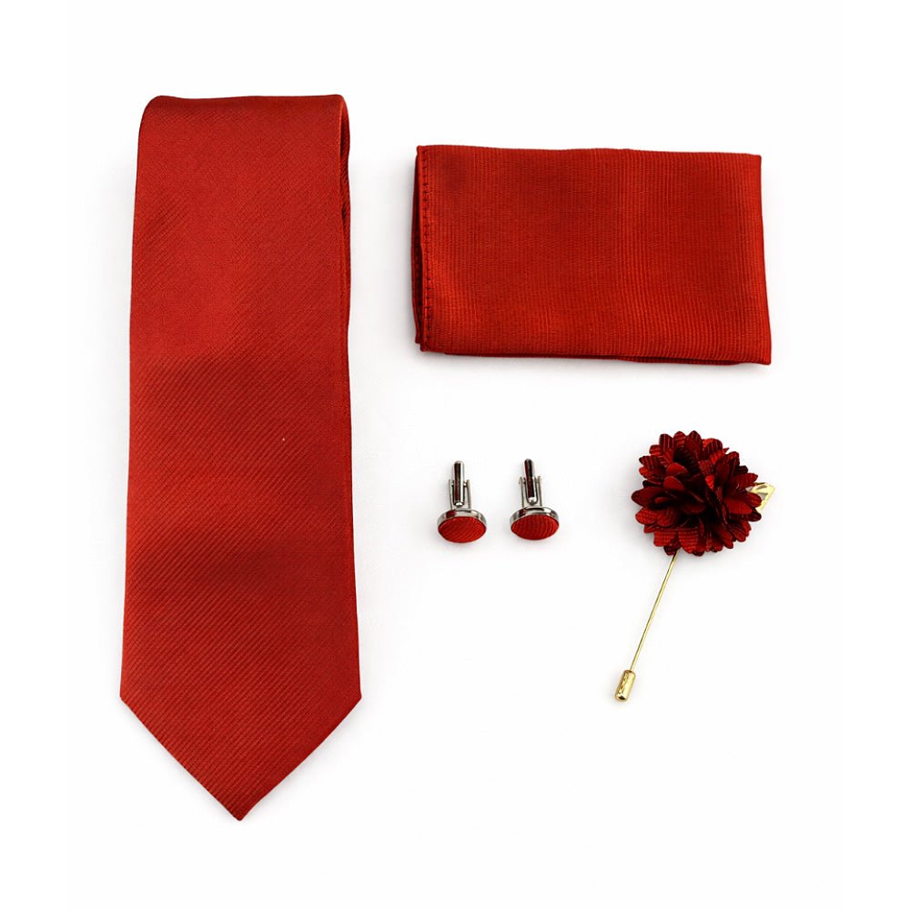Men's Red Tie Set with Pocket Square, Cufflinks, and Lapel Pin, Formal Gift Box