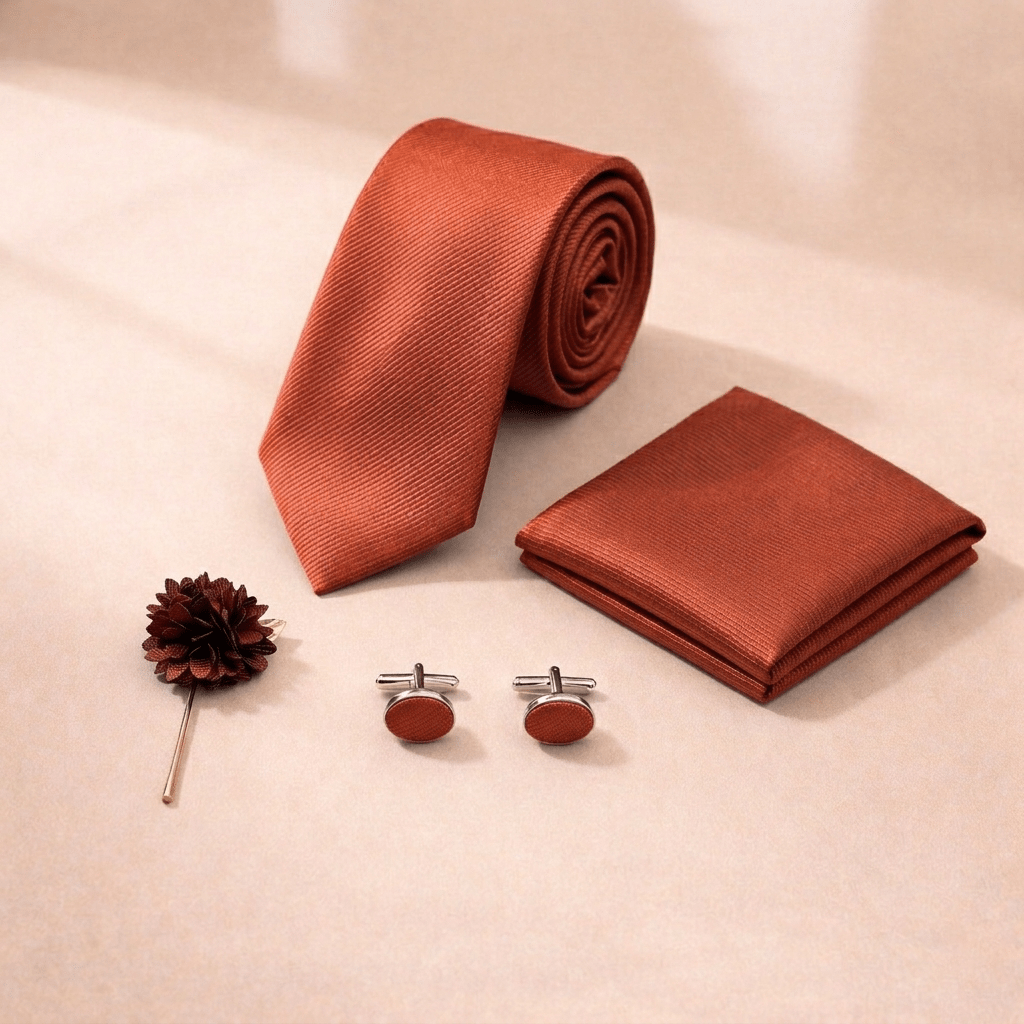 Men's Red Tie Set with Pocket Square, Cufflinks, and Lapel Pin, Formal Gift Box - Lucas Lia