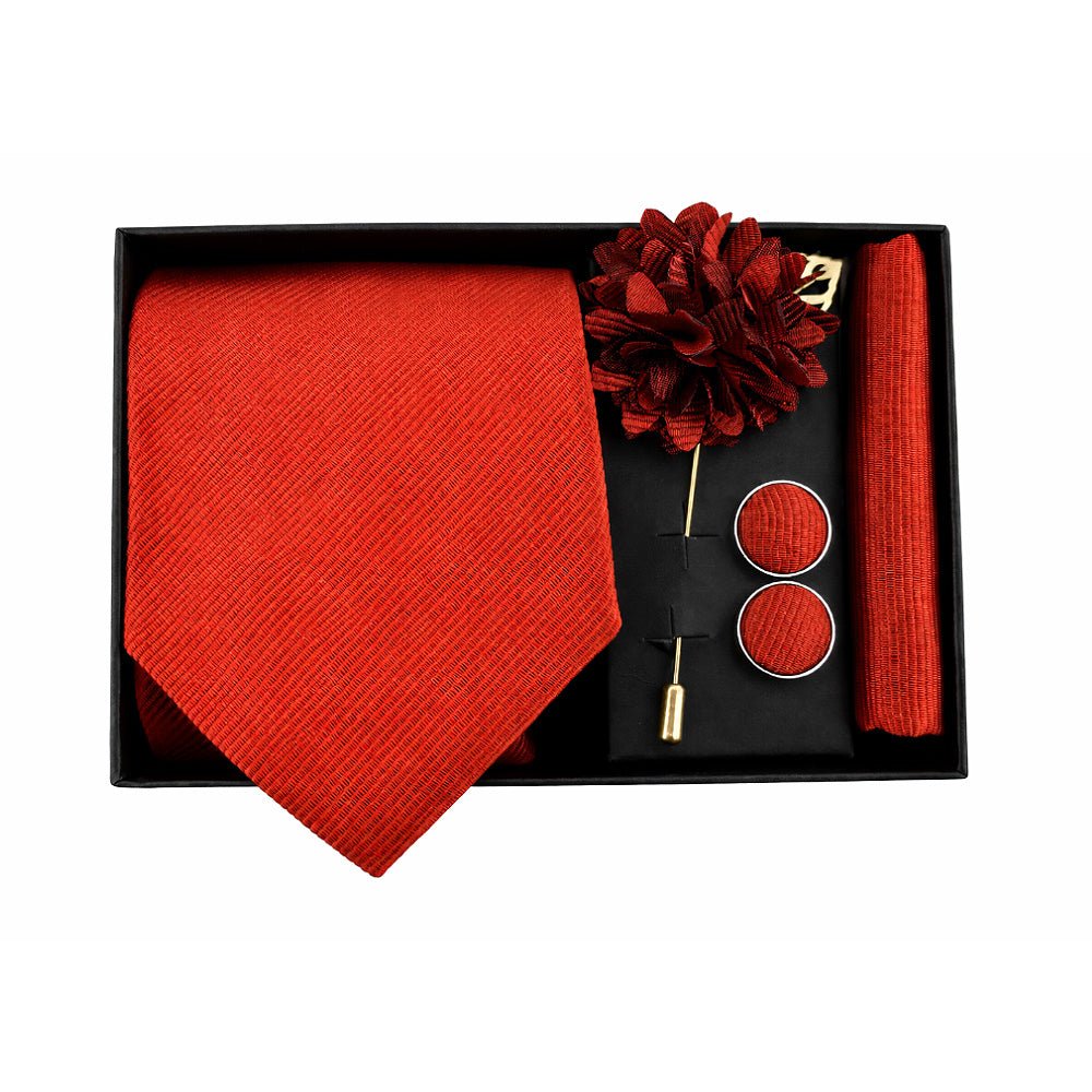 Men's Red Tie Set with Pocket Square, Cufflinks, and Lapel Pin, Formal Gift Box