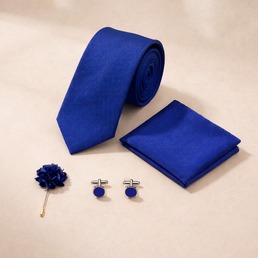 Men's Royal Blue Tie Set with Pocket Square, Cufflinks, and Lapel Pin, Formal Gift Box - Lucas Lia