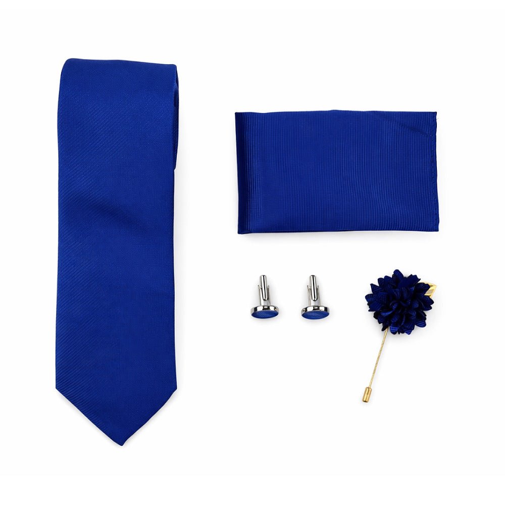 Men's Royal Blue Tie Set with Pocket Square, Cufflinks, and Lapel Pin, Formal Gift Box