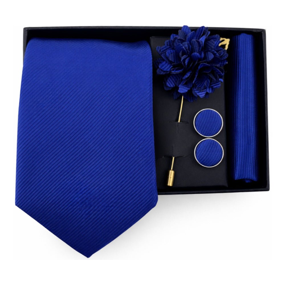 Men's Royal Blue Tie Set with Pocket Square, Cufflinks, and Lapel Pin, Formal Gift Box