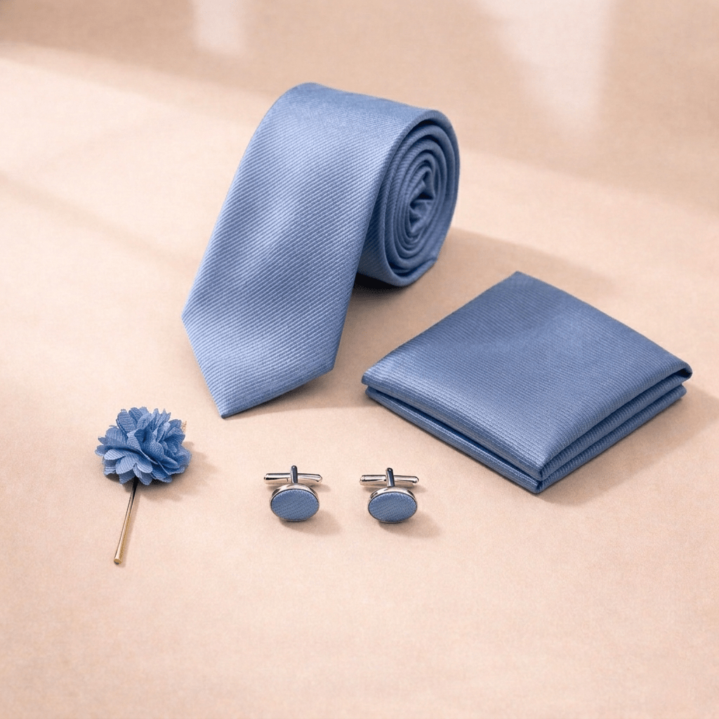 Men's Sky - Blue Tie Set with Pocket Square, Cufflinks, and Lapel Pin, Formal Gift Box - Lucas Lia