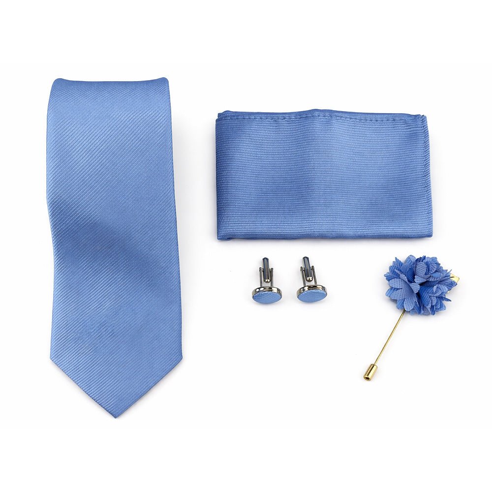 Men's Sky-Blue Tie Set with Pocket Square, Cufflinks, and Lapel Pin, Formal Gift Box
