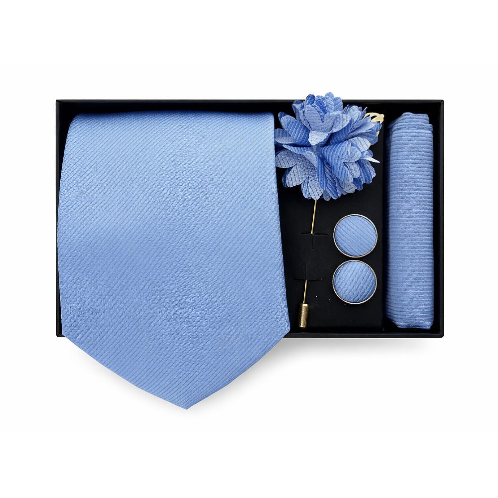 Men's Sky-Blue Tie Set with Pocket Square, Cufflinks, and Lapel Pin, Formal Gift Box