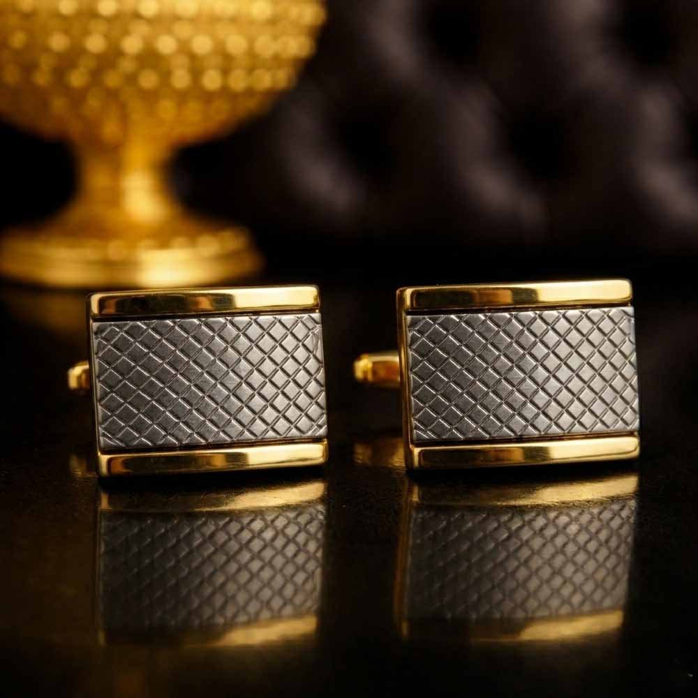 Men's Square Cufflinks, Gold and Gunmetal Two-Tone, Diamond Lattice Textured, Formal Dress Accessory