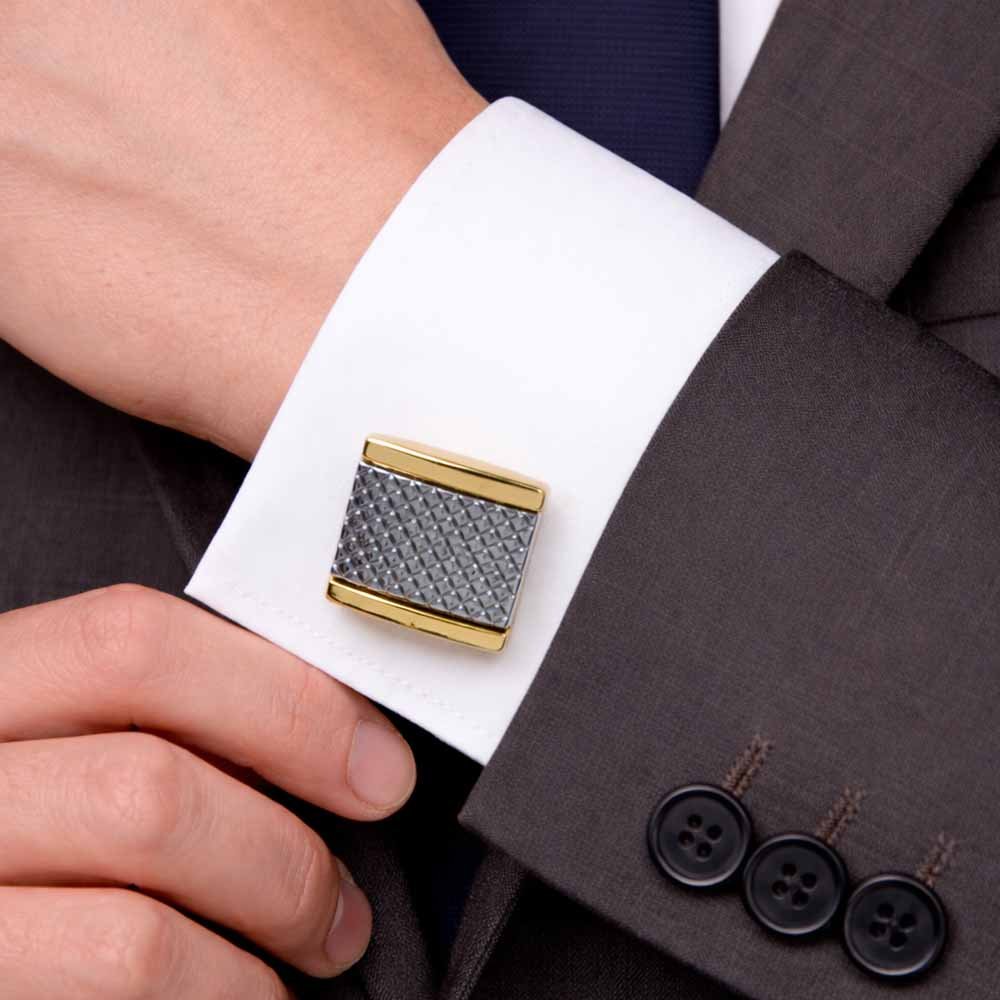 Men's Square Cufflinks, Gold and Gunmetal Two-Tone, Diamond Lattice Textured, Formal Dress Accessory