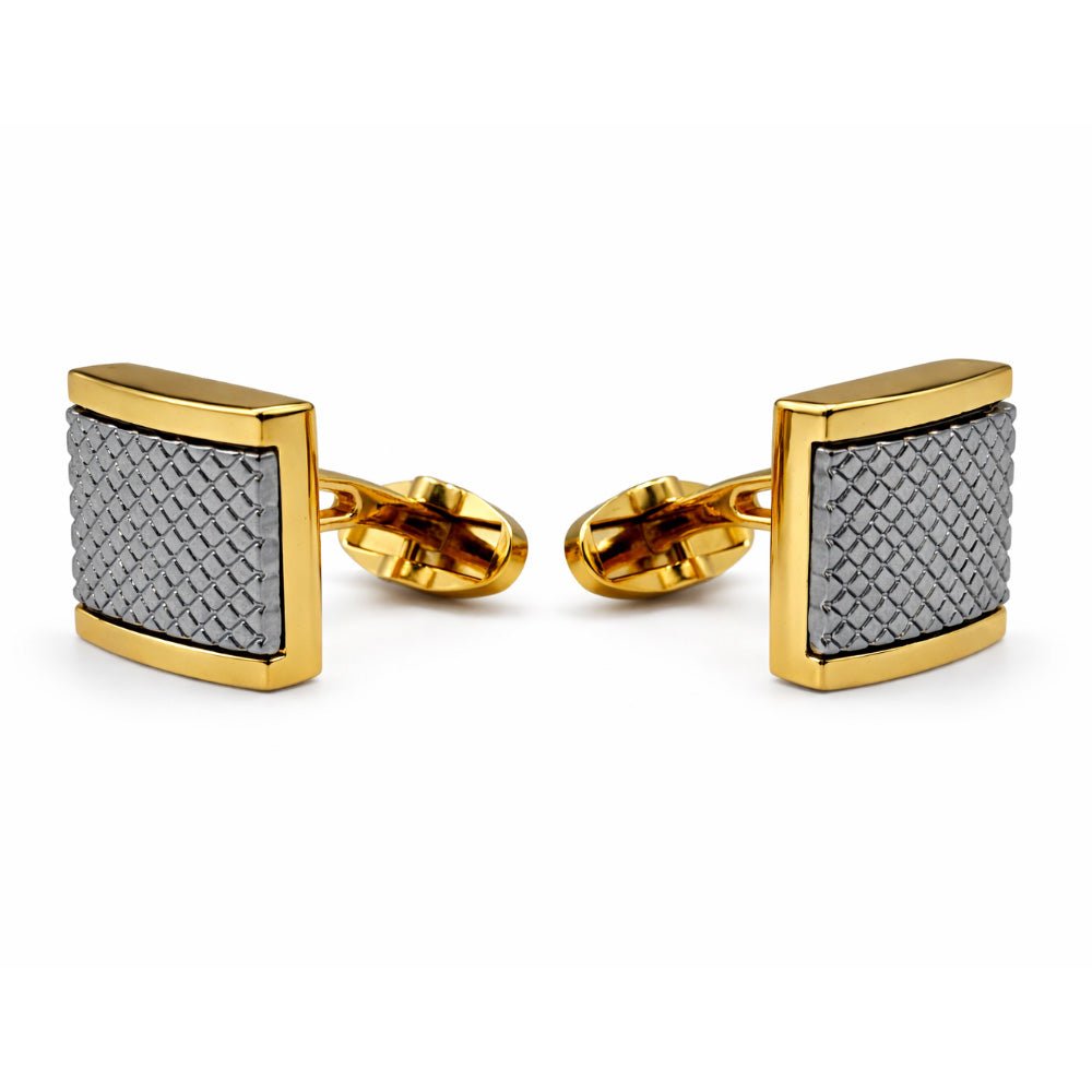 Men's Square Cufflinks, Gold and Gunmetal Two-Tone, Diamond Lattice Textured, Formal Dress Accessory