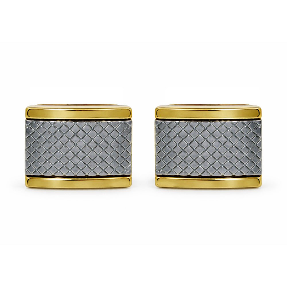 Men's Square Cufflinks, Gold and Gunmetal Two - Tone, Diamond Lattice Textured, Formal Dress Accessory - Lucas Lia
