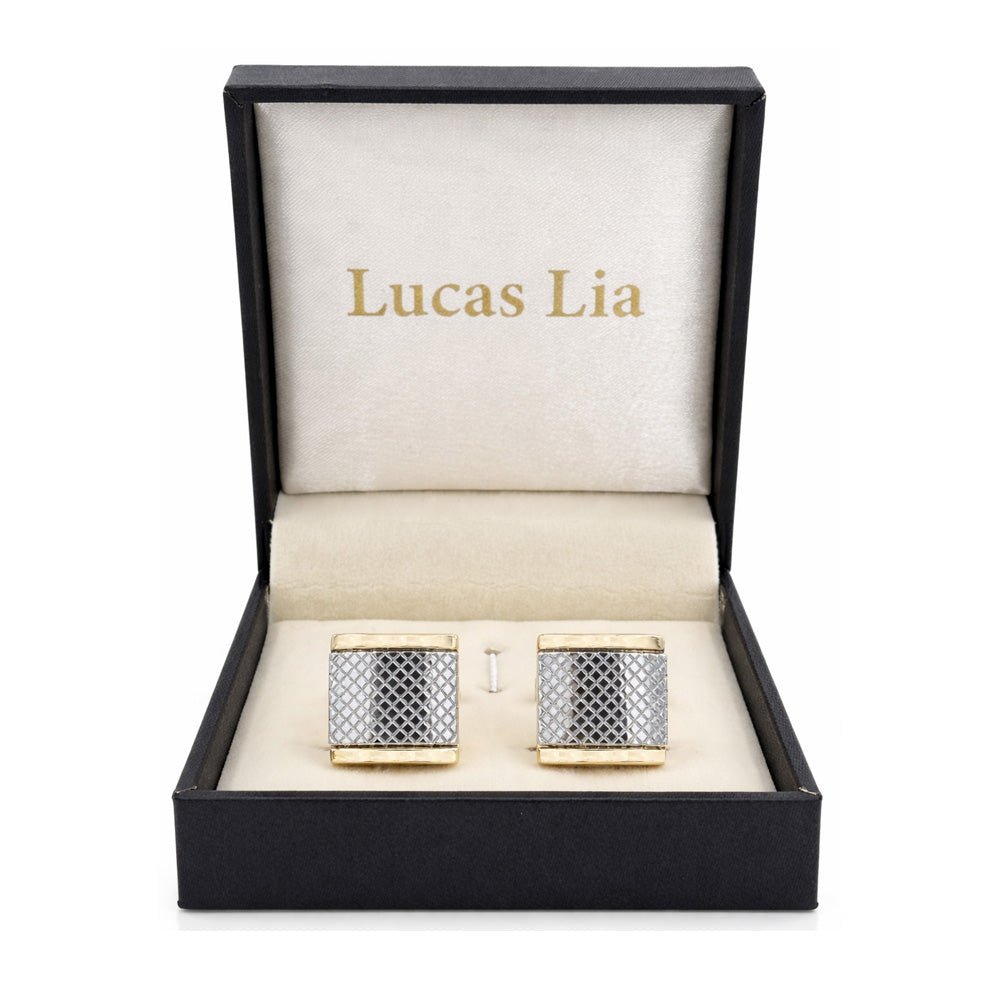 Men's Square Cufflinks, Gold and Gunmetal Two-Tone, Diamond Lattice Textured, Formal Dress Accessory