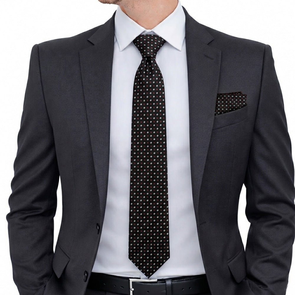 Men's Tie Set, Black with Red and White Polka Dot Pattern, Necktie, Pocket Square, Cufflinks, and Lapel Pin