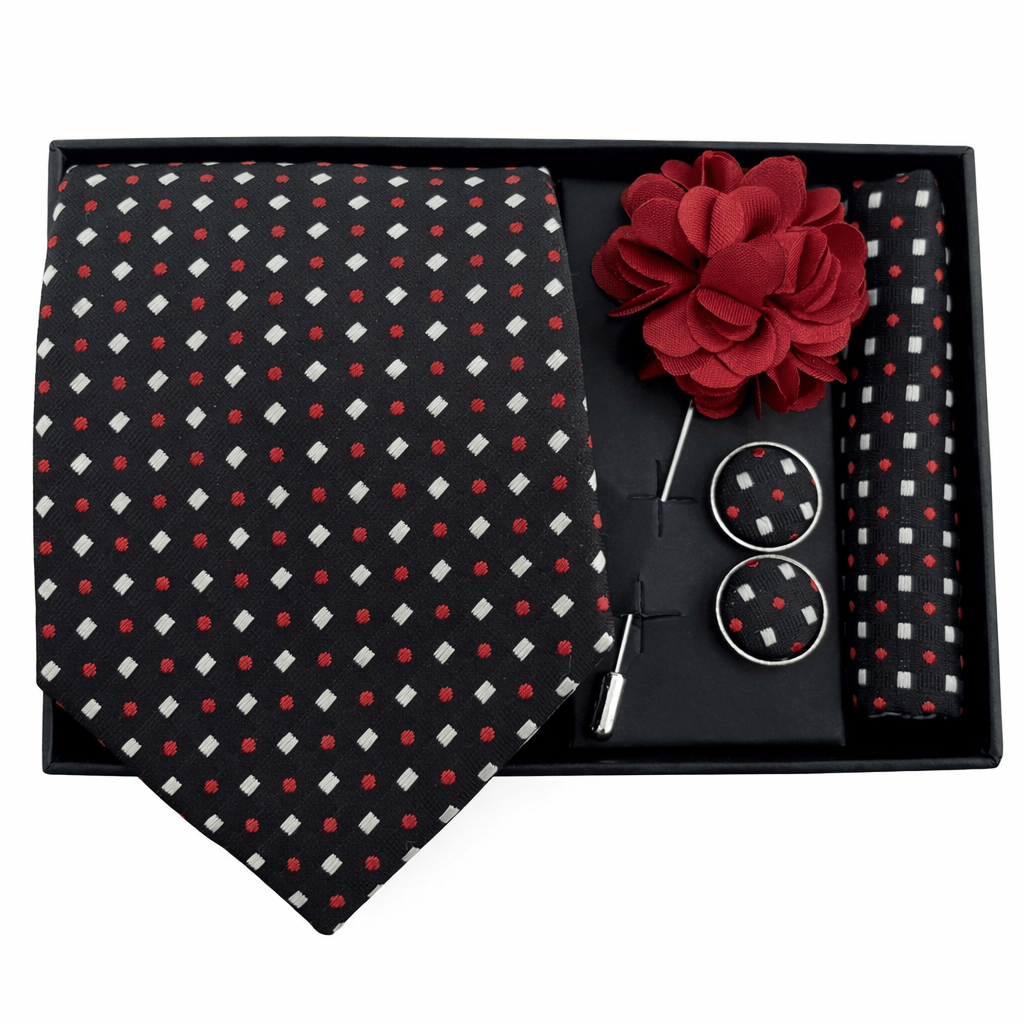 Men's Tie Set, Black with Red and White Polka Dot Pattern, Necktie, Pocket Square, Cufflinks, and Lapel Pin
