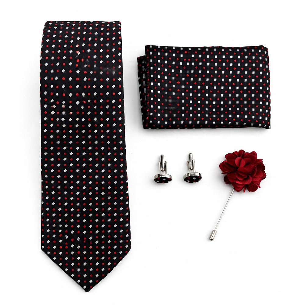 Men's Tie Set, Black with Red and White Polka Dot Pattern, Necktie, Pocket Square, Cufflinks, and Lapel Pin