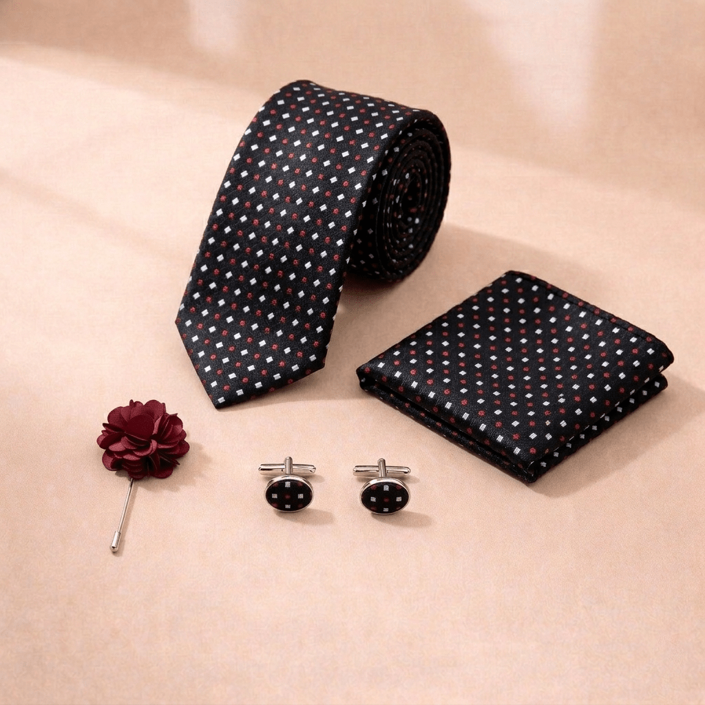 Men's Tie Set, Black with Red and White Polka Dot Pattern, Necktie, Pocket Square, Cufflinks, and Lapel Pin - Lucas Lia