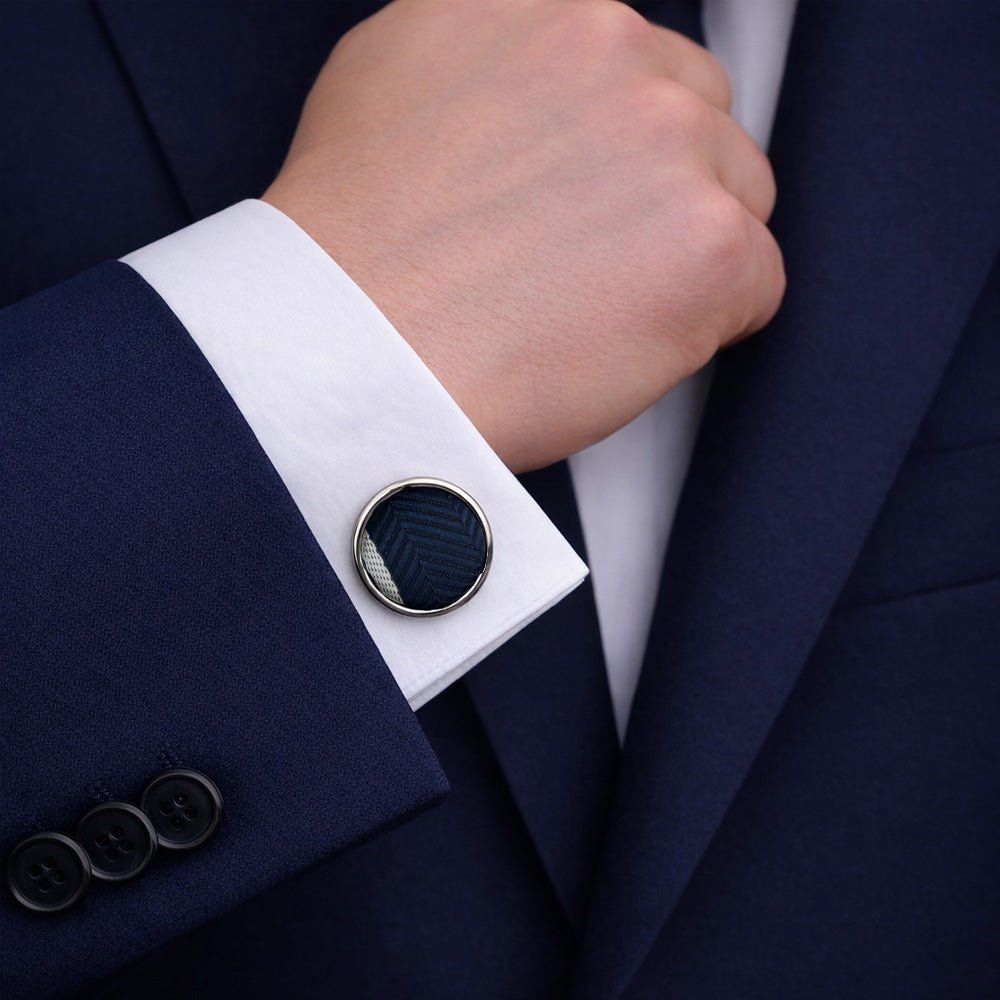 Men's Tie Set, Navy Blue with White Stripes, Necktie, Pocket Square, Cufflinks and Lapel Pin, Gift Box Included